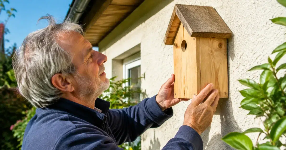 Homme age tenant nichoir bois mur maison jardin