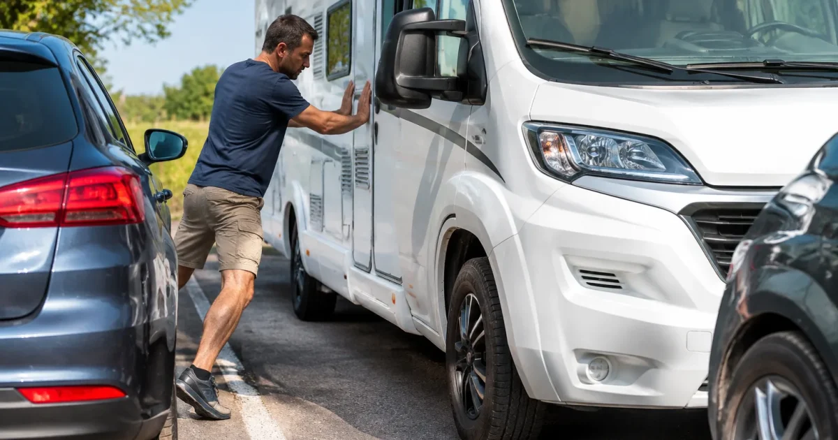 Homme poussant camping-car manuellement entre deux places parking