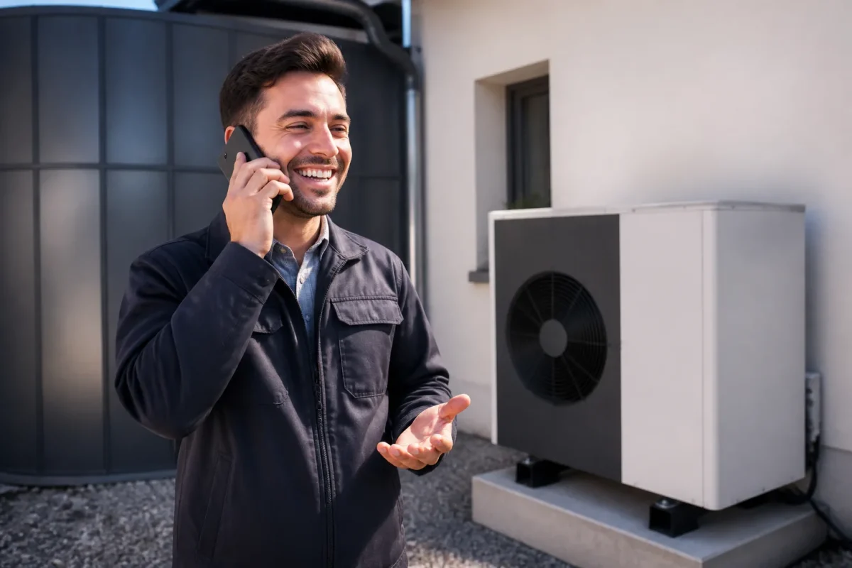 Homme au telephone proposant installation pompe chaleur gratuite