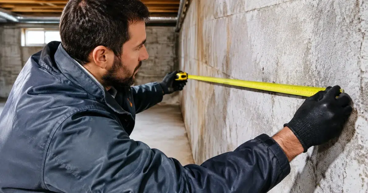 Inspecteur mesurant mur sous-sol avec metre a ruban deplie