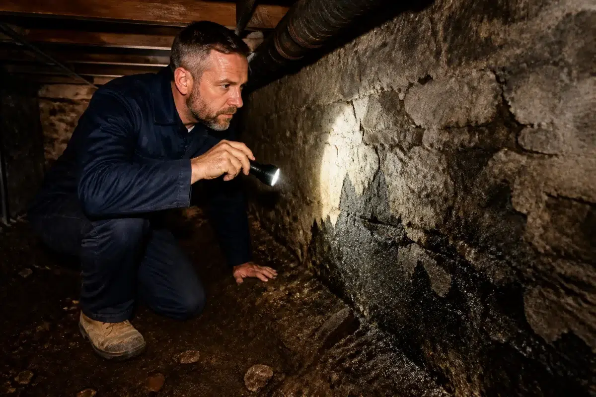 Inspecteur eclaire fondations sombres a la lampe