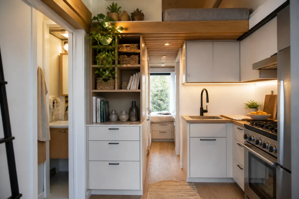 Interieur van amenage montrant petite cuisine et rangements