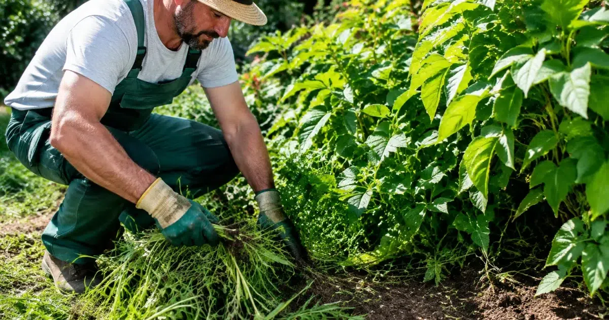 Jardinier enleve herbes hautes autour plantes pour eliminer abris serpents