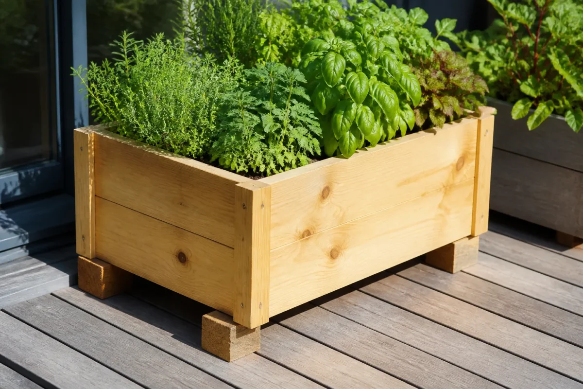 Jardiniere surelevee sur cales bois platelage