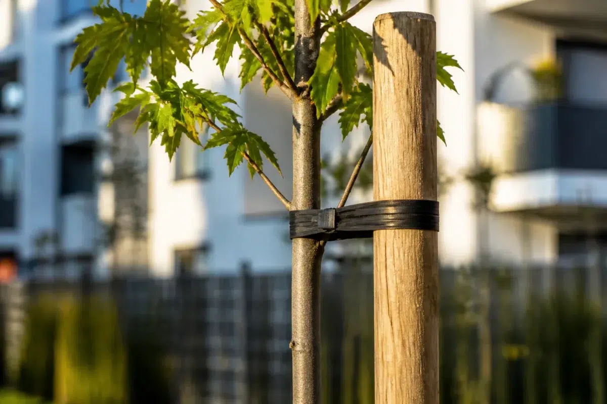 Jeune arbre attaché à tuteur bois avec lien souple