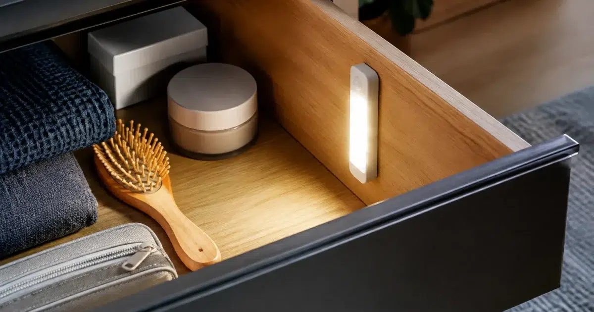 Petite lampe LED montee verticalement activee a l'interieur d'un tiroir ouvert