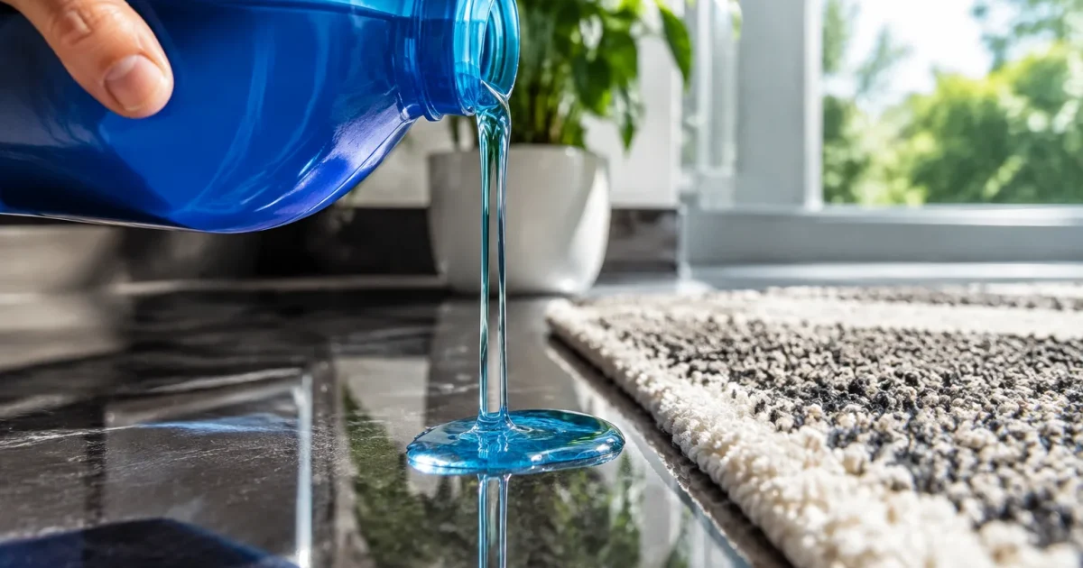 Lessive liquide versée sur surface comptoir brillante et tissu tapis