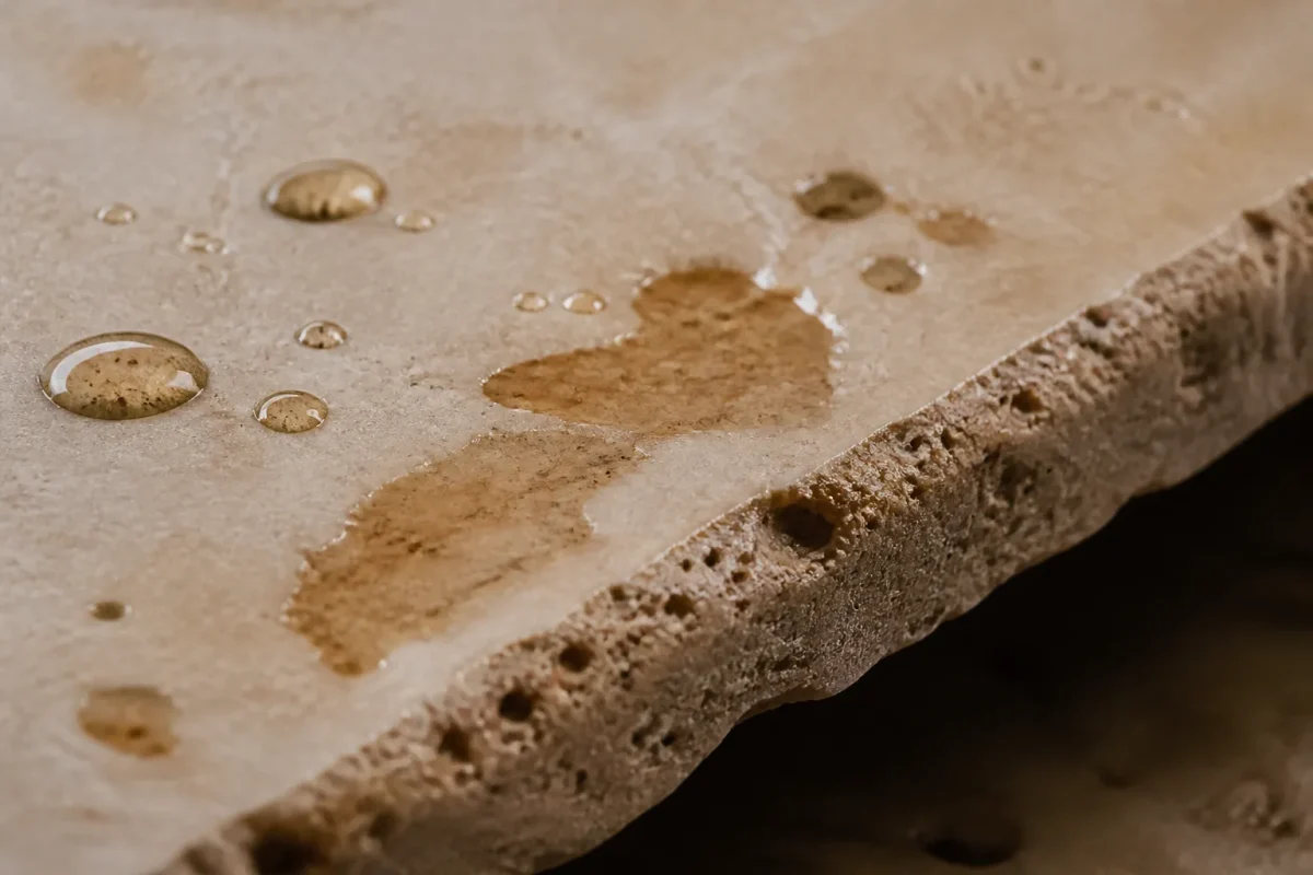 Marbre poreux avec gouttes liquide causant dommages surface