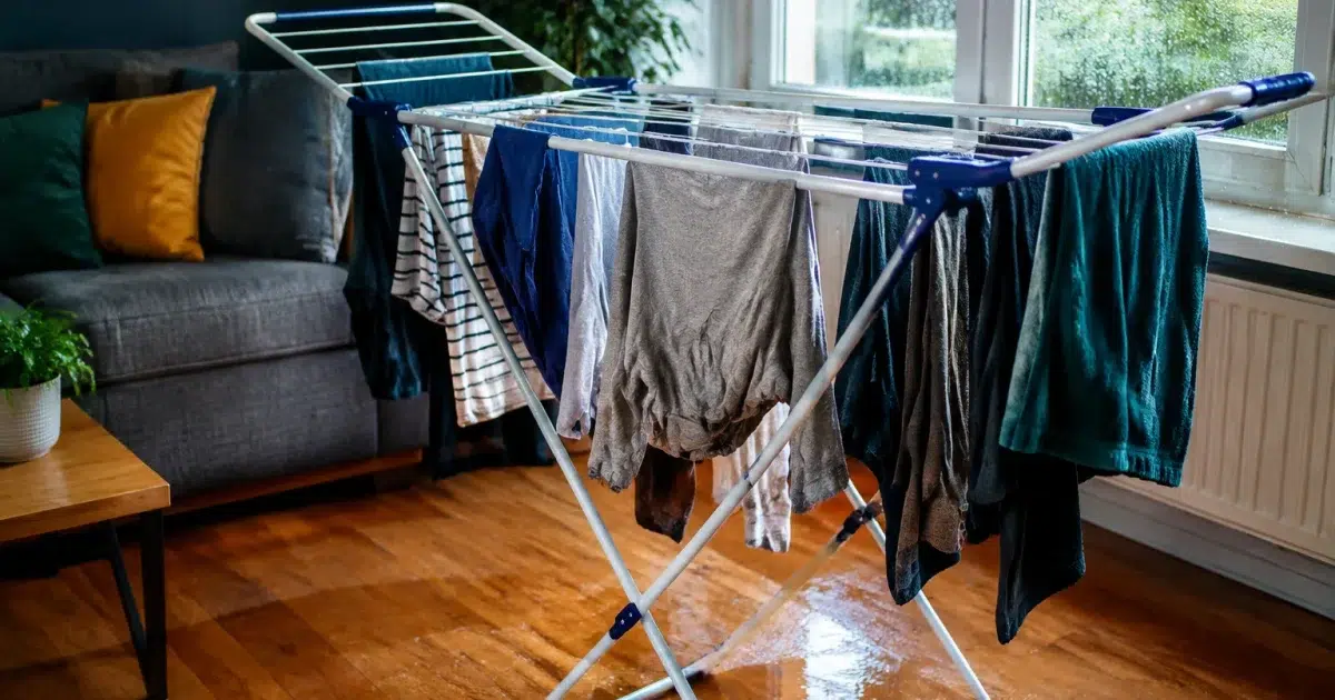 Vetements mouilles suspendus sur etendoir dans salon humide