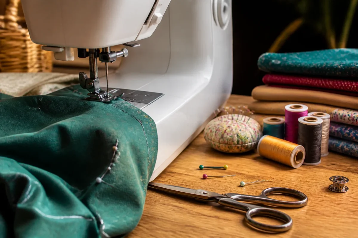 Machine a coudre avec tissu epingle ciseaux fil