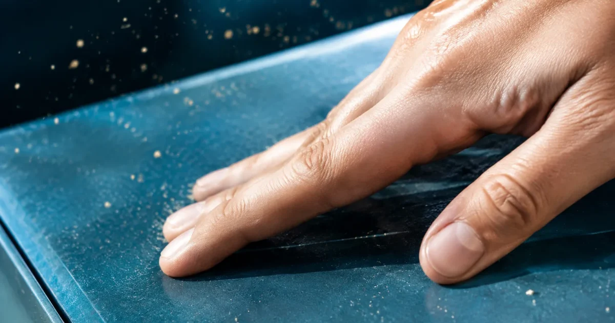 Main frottant surface avec particules statiques flottant visiblement