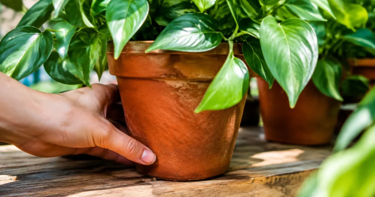 Main glissant le doigt sous un pot de fleur