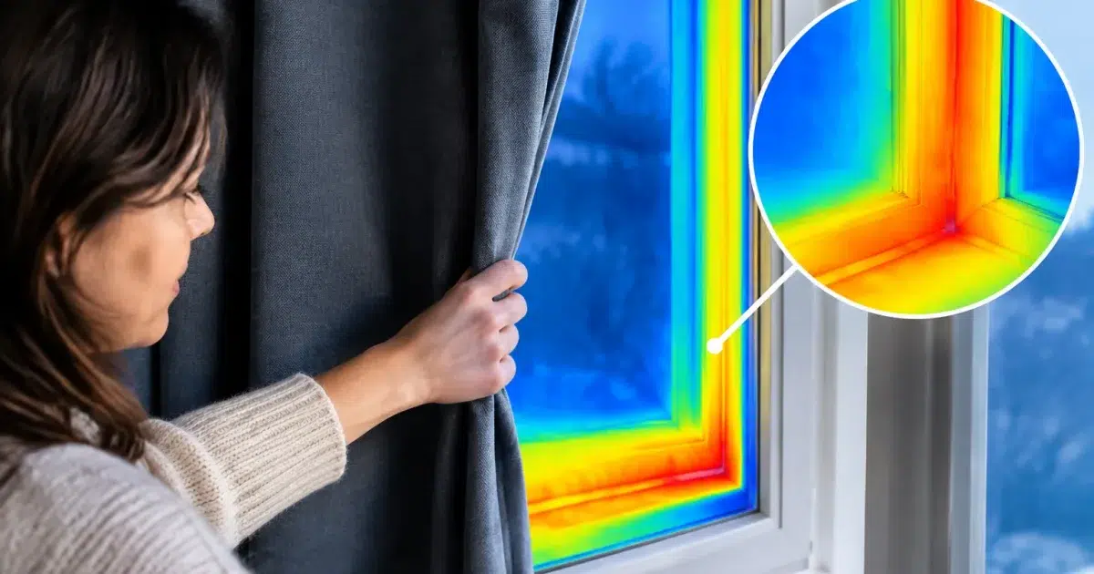 Main tendue contre rideau fermé révélant fuite thermique fenêtre