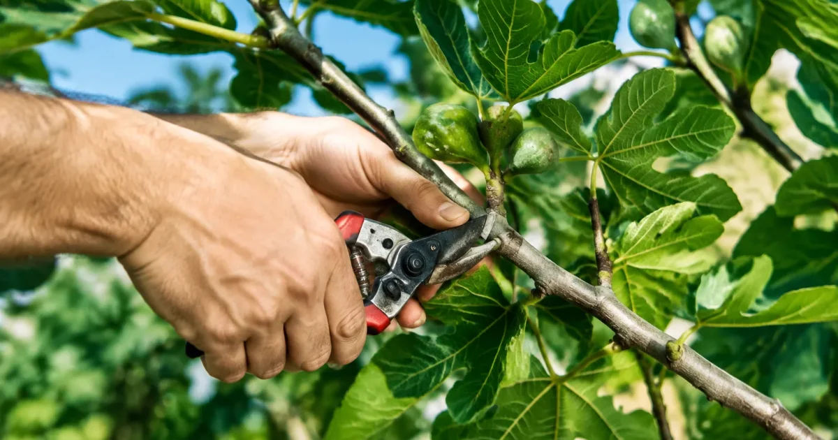 Mains taillant branches figuier avec secateurs