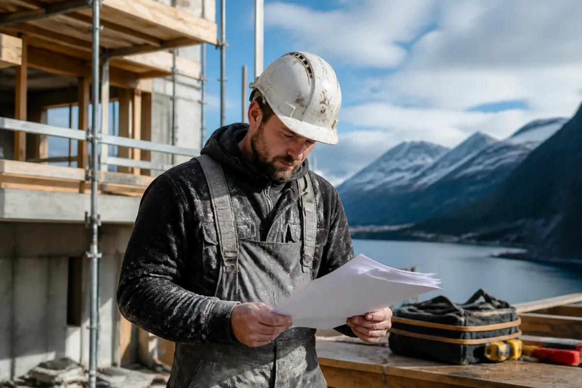 Maçon inspectant documents diplômes sur chantier norvégien