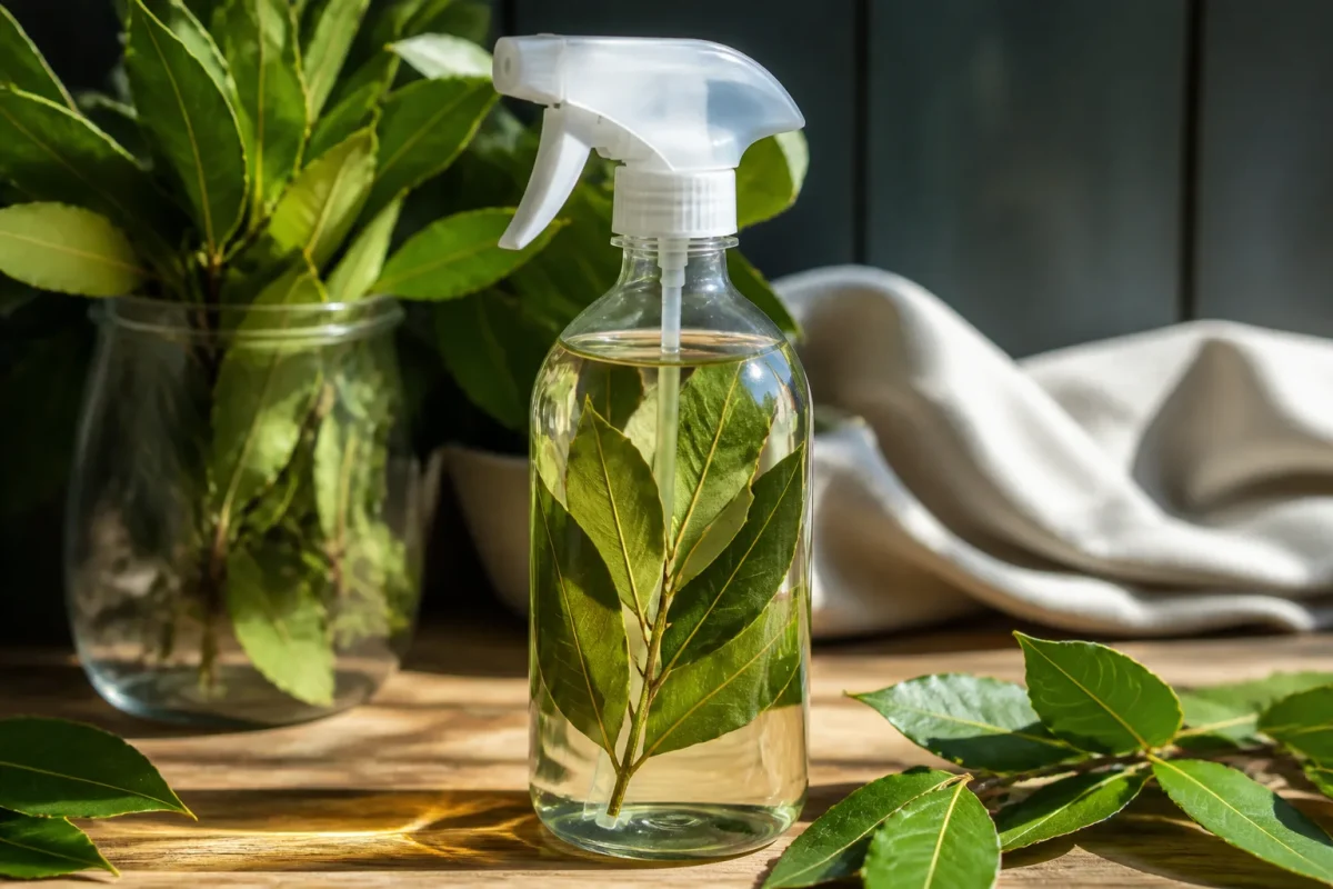 Feuilles laurier infusant vinaigre blanc dans flacon spray