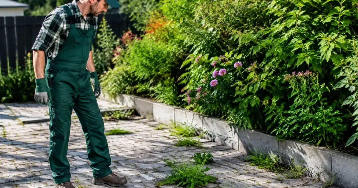Jardinier debout observant des mauvaises herbes poussant entre pavés gris