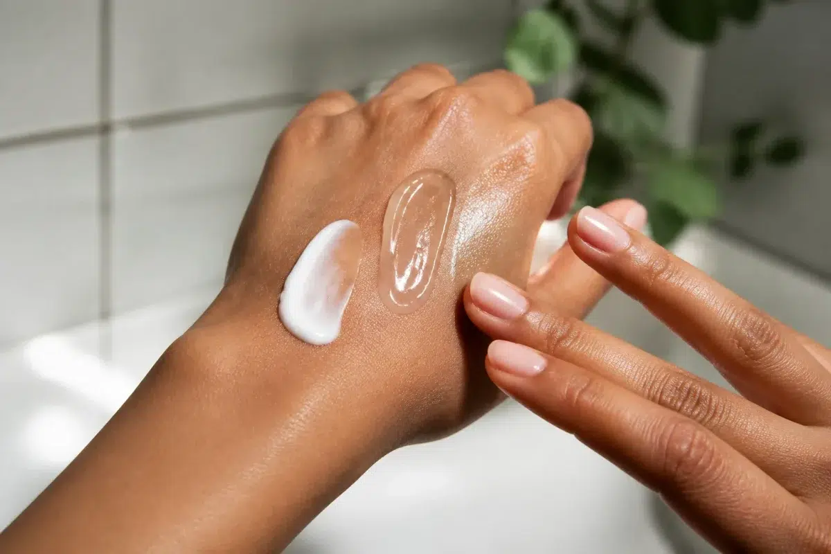 Mains appliquant produit sur peau avec trois étapes visibles