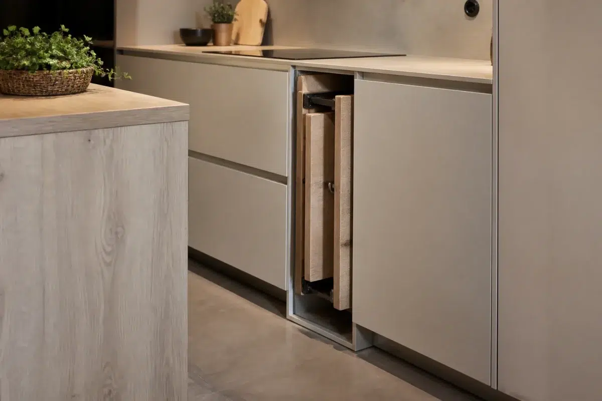 Plan travail escamotable replié dans meuble modulable cuisine