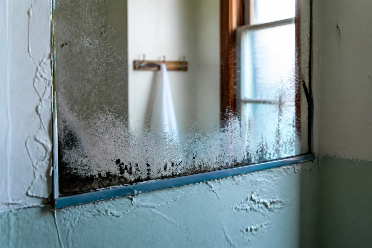 Miroir embue taches noires joints peinture cloque