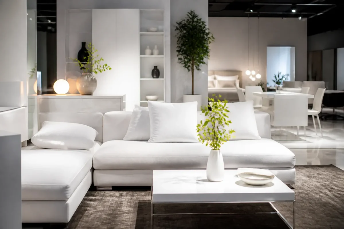 Mobilier blanc minimaliste expose dans showroom professionnel moderne
