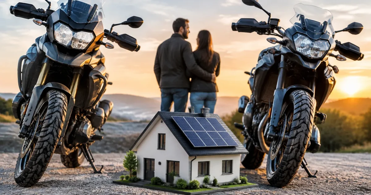 Motocyclettes orientees verticalement encadrant couple logement miniature panneaux solaires