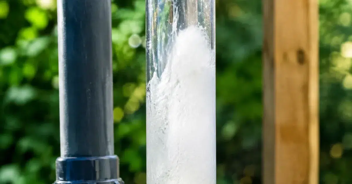 Mousse blanche remontant vigoureusement dans tuyau transparent vertical