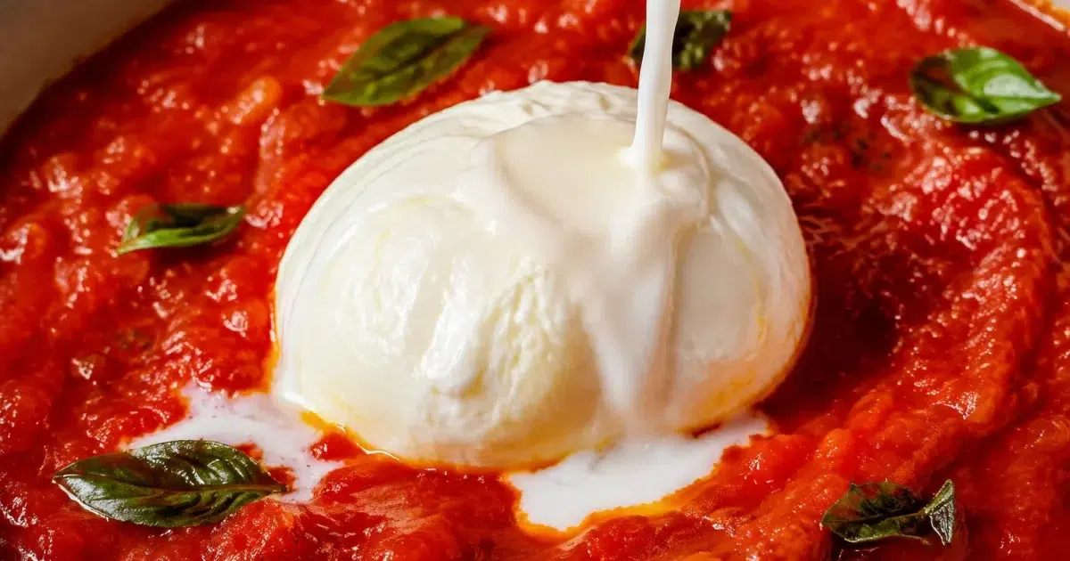 Liquide blanc versé d'une boule mozzarella dans sauce tomate rouge