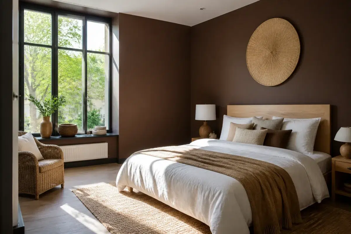 Mur brun chocolat illumine par lumiere naturelle abondante
