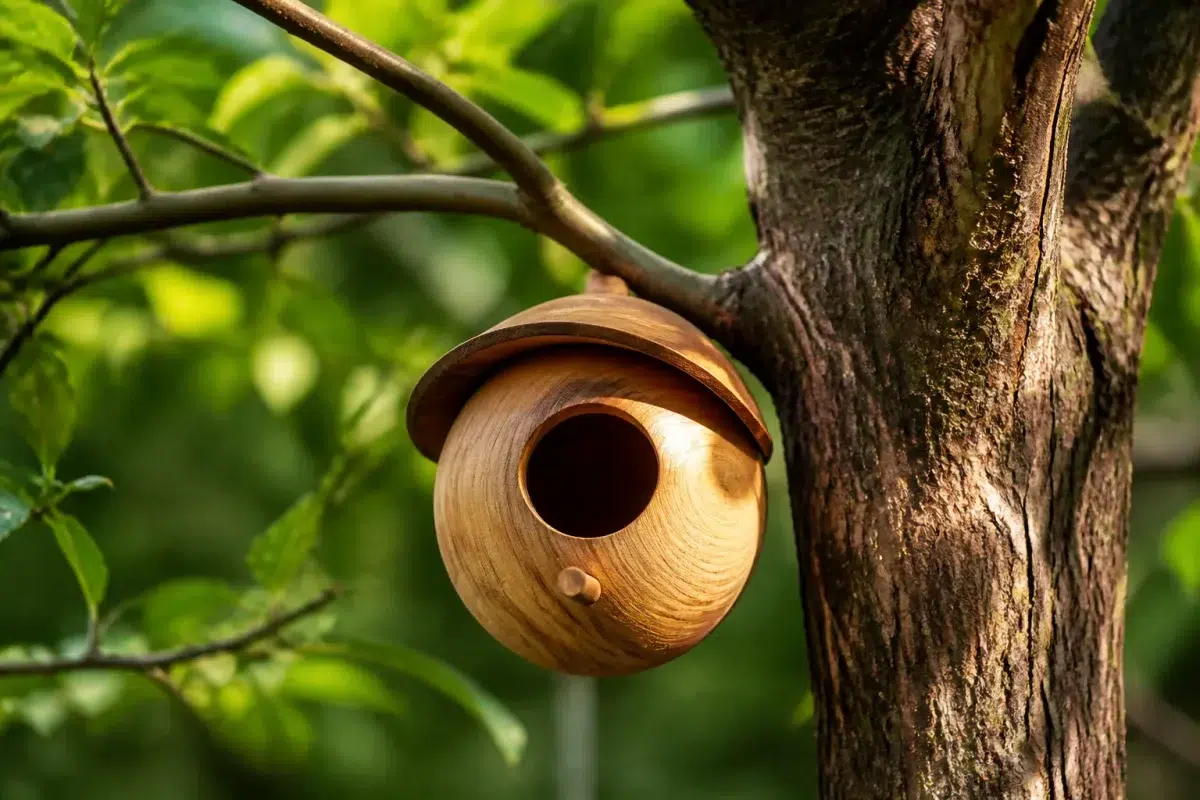 Maison en bois fixee a branche avec entree circulaire