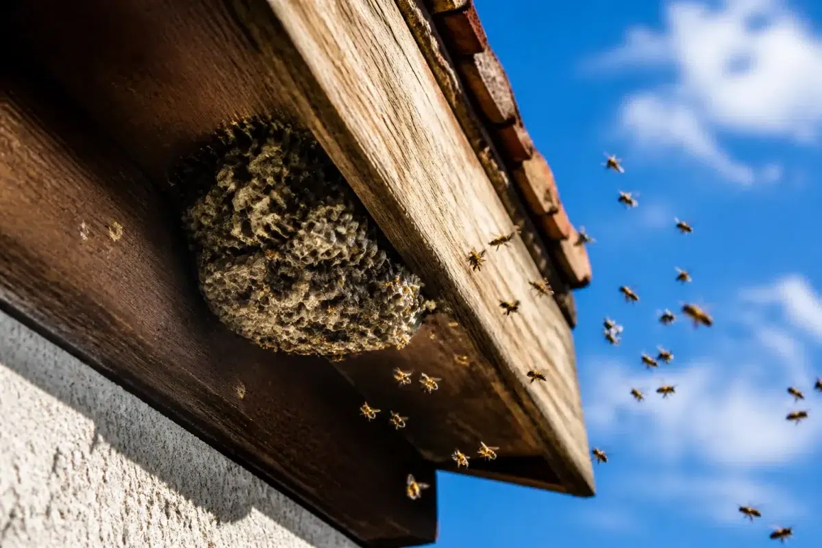 Nid d'insectes sous corniche maison avec abeilles volant