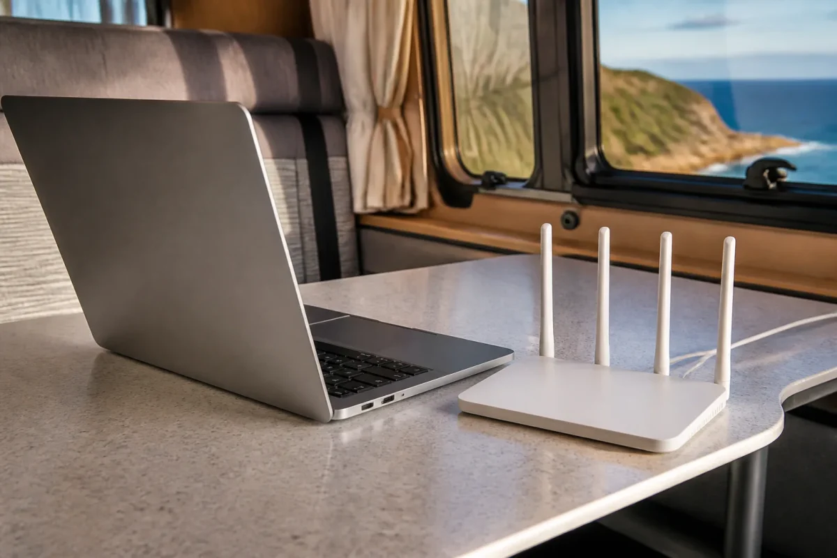 Ordinateur portable sur table camping-car avec routeur 4G blanc