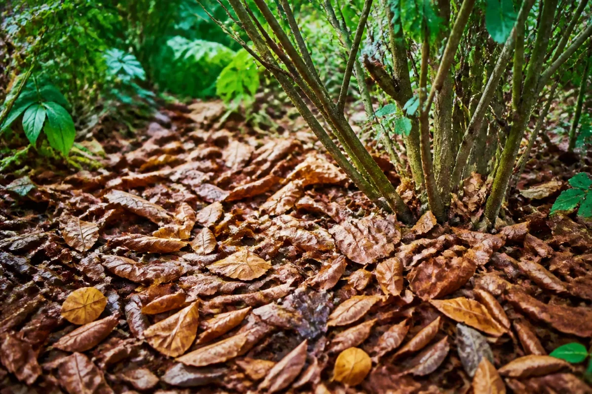 Epais paillage de feuilles mortes au pied d'un arbuste