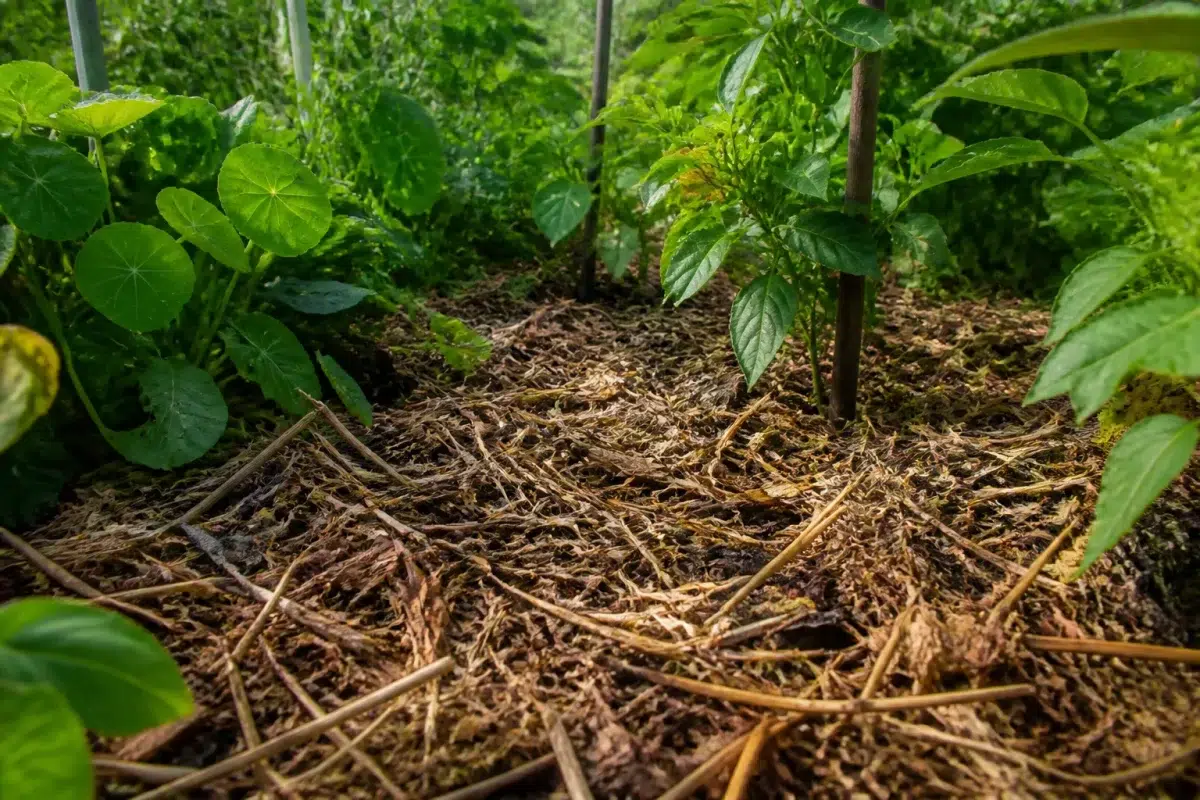 Paillage organique épais couvrant sol de jardin sans chimie
