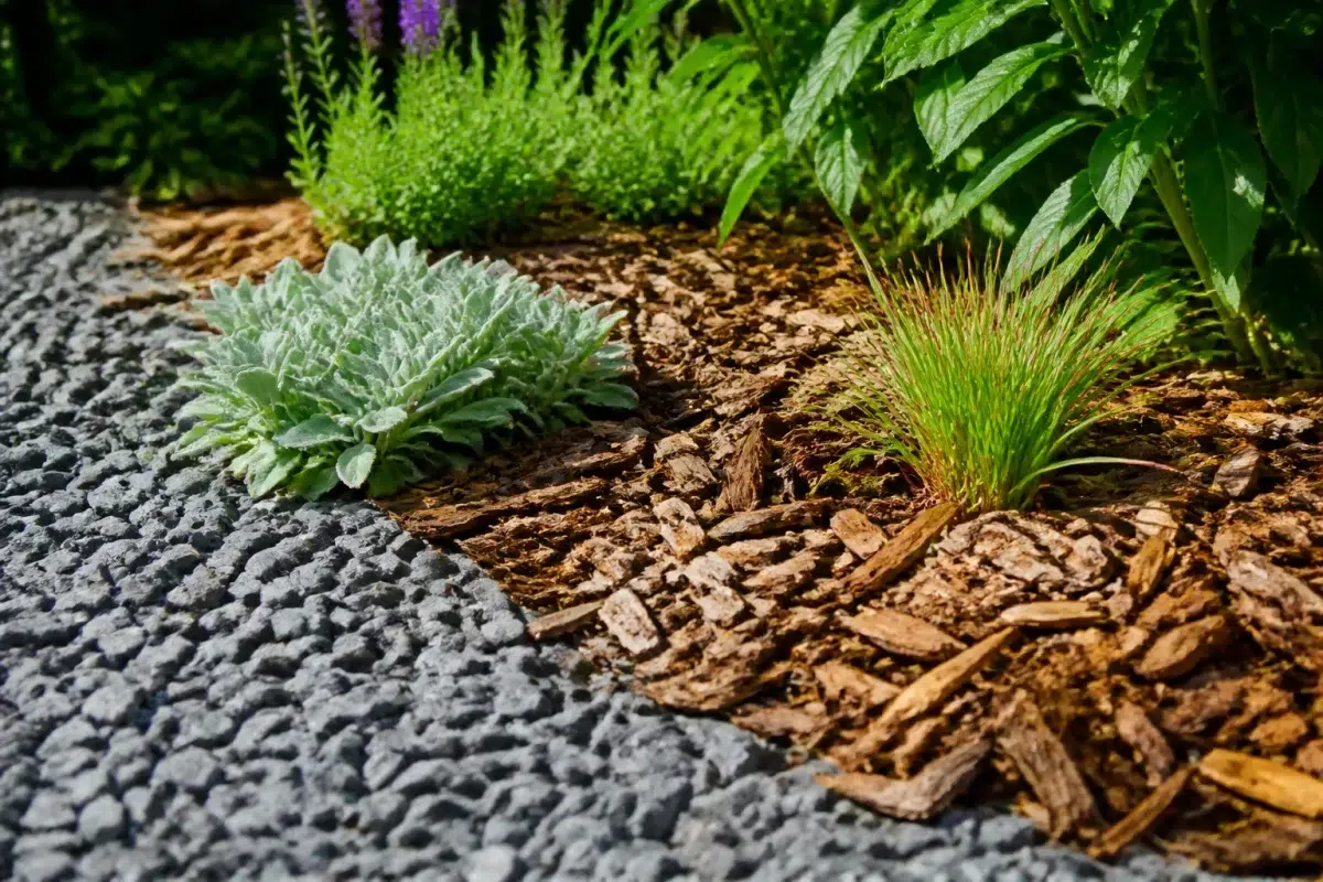 Paillage epais et pierres grises au sol du jardin