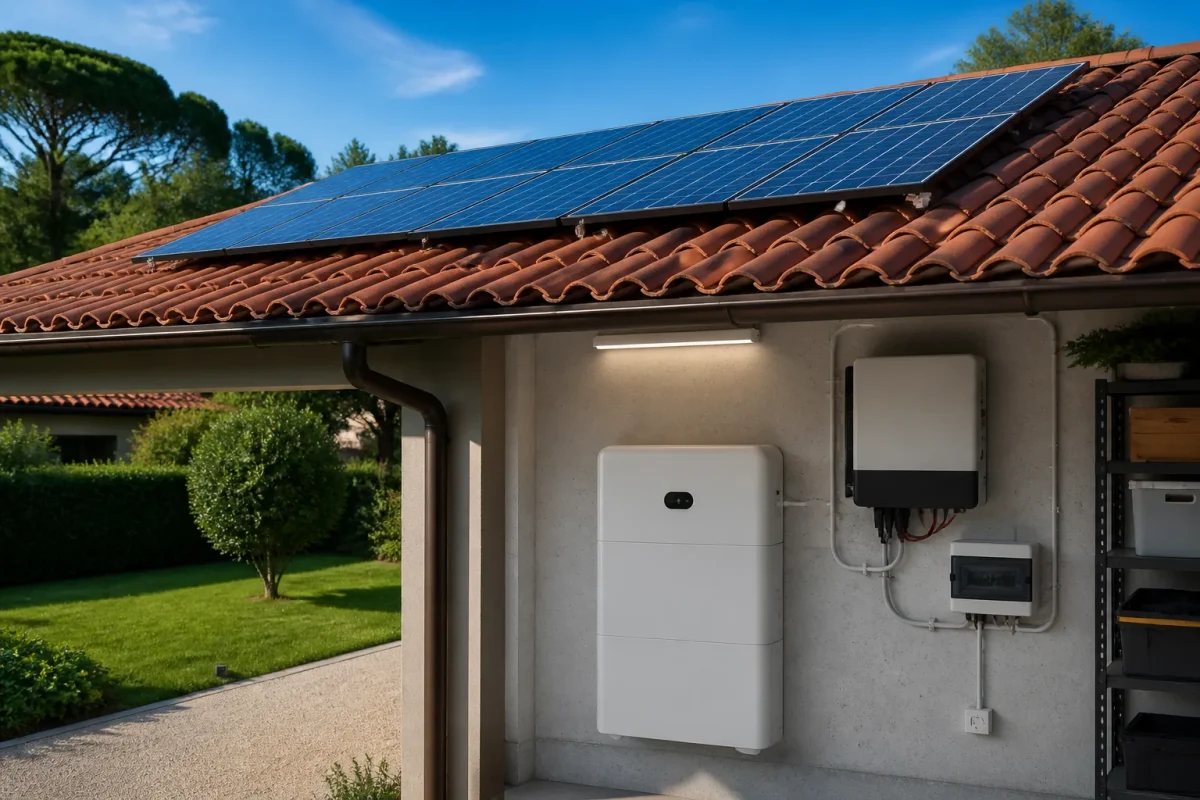 Batterie onduleur et panneaux solaires sur toiture