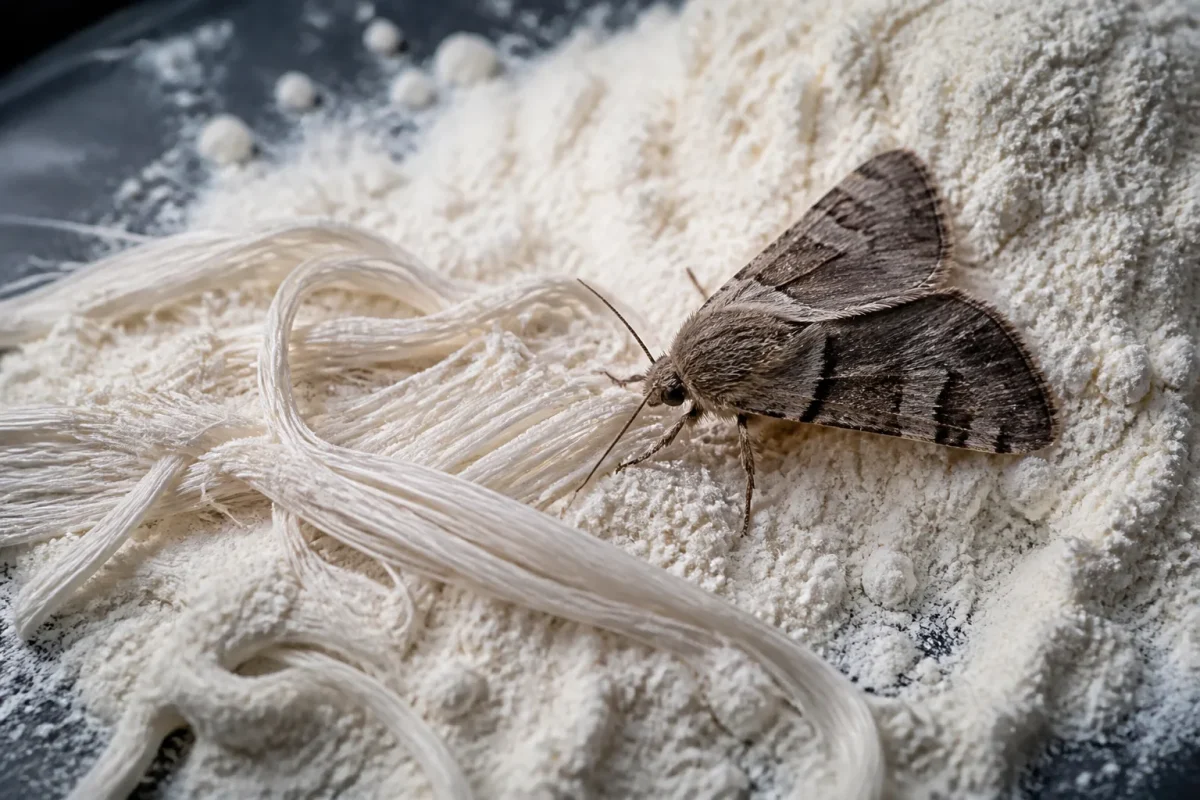 Fils soyeux dans farine avec papillon gris brun