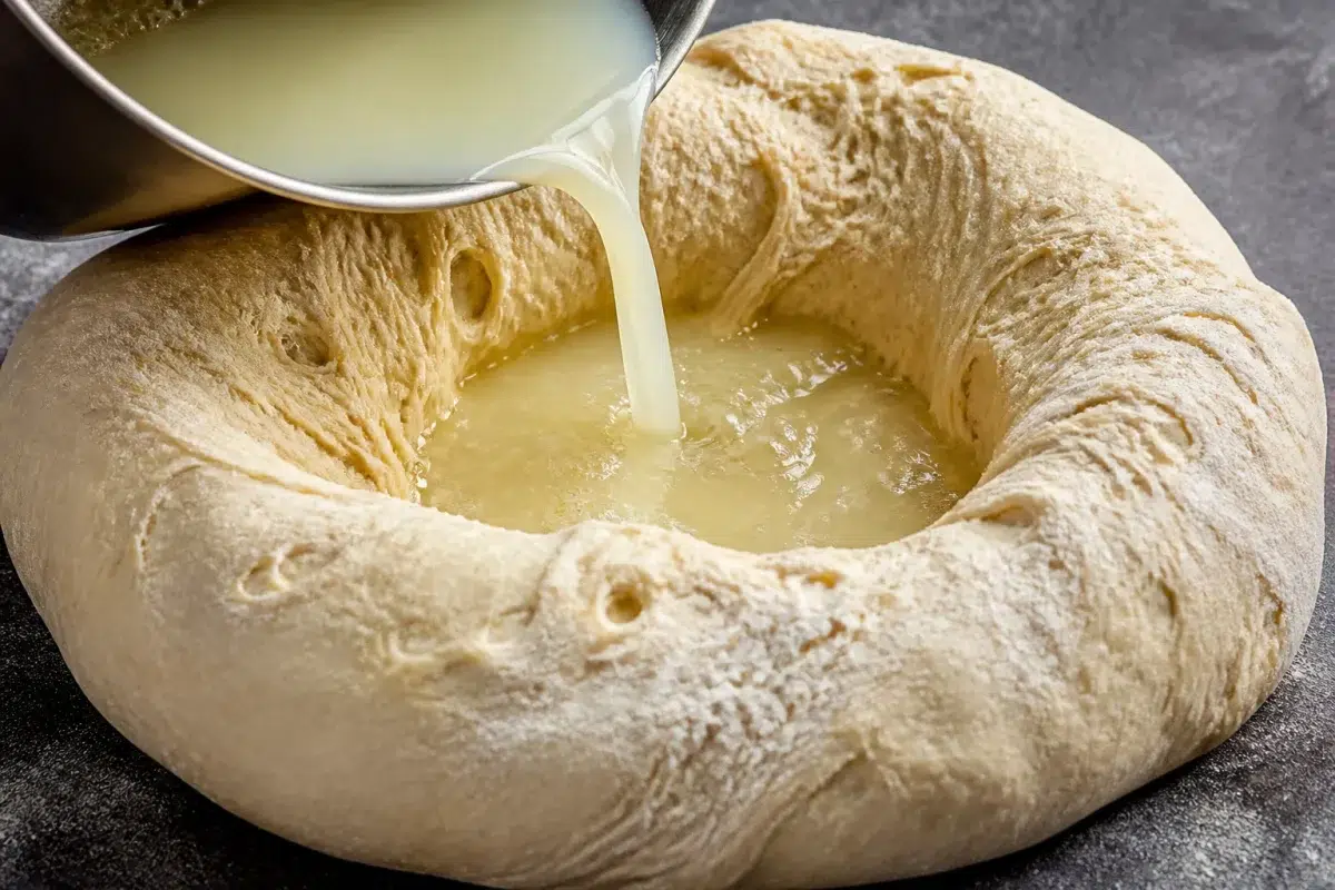 Pâte à pizza dorée avec lactosérum versé dedans
