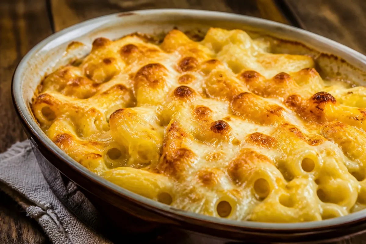 Pates creuses dorées recouvertes sauce fromage gratinee