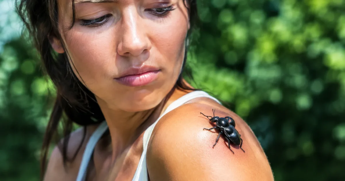 Personne immobile avec gros insecte noir sur sa peau