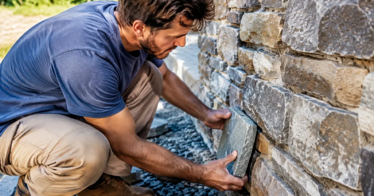 Personne accroupie placant une pierre biseautee contre le mur