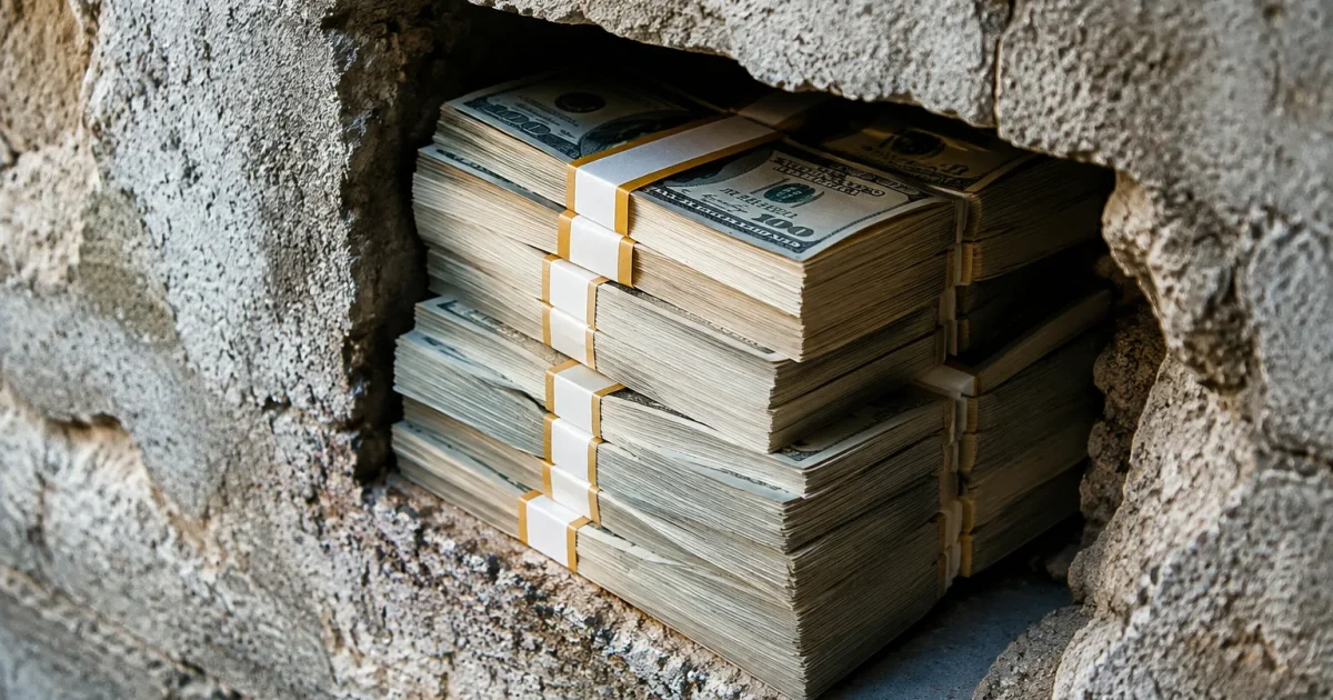 Piles de billets compactes logees au creux d'une paroi