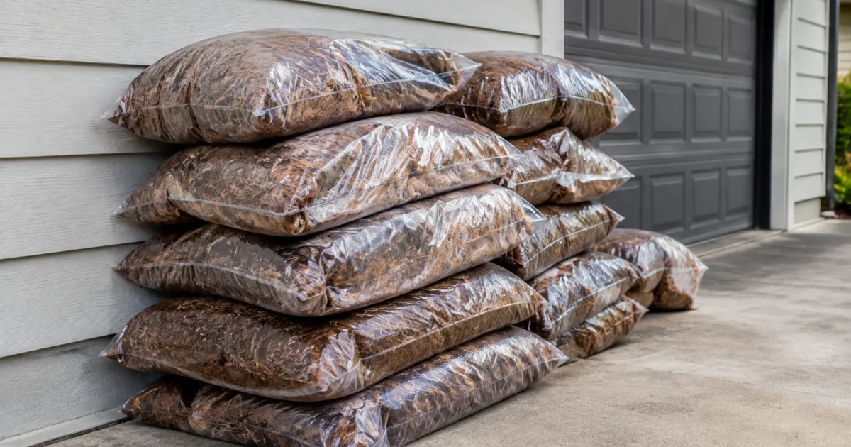 Piles de sacs adosses a la facade du garage