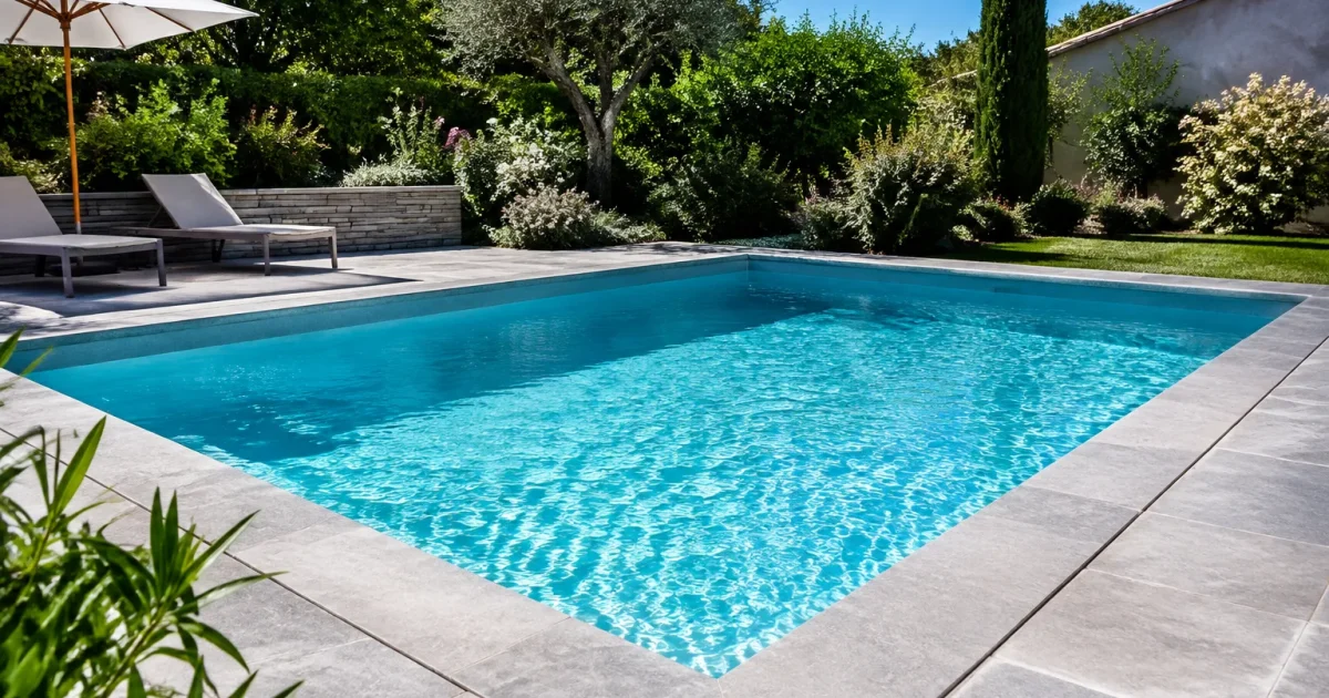 Piscine carree bordee de pierre grise pale