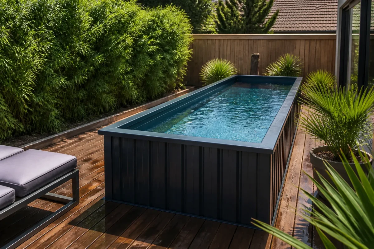 Piscine conteneur metallique aux formes carrees etroites