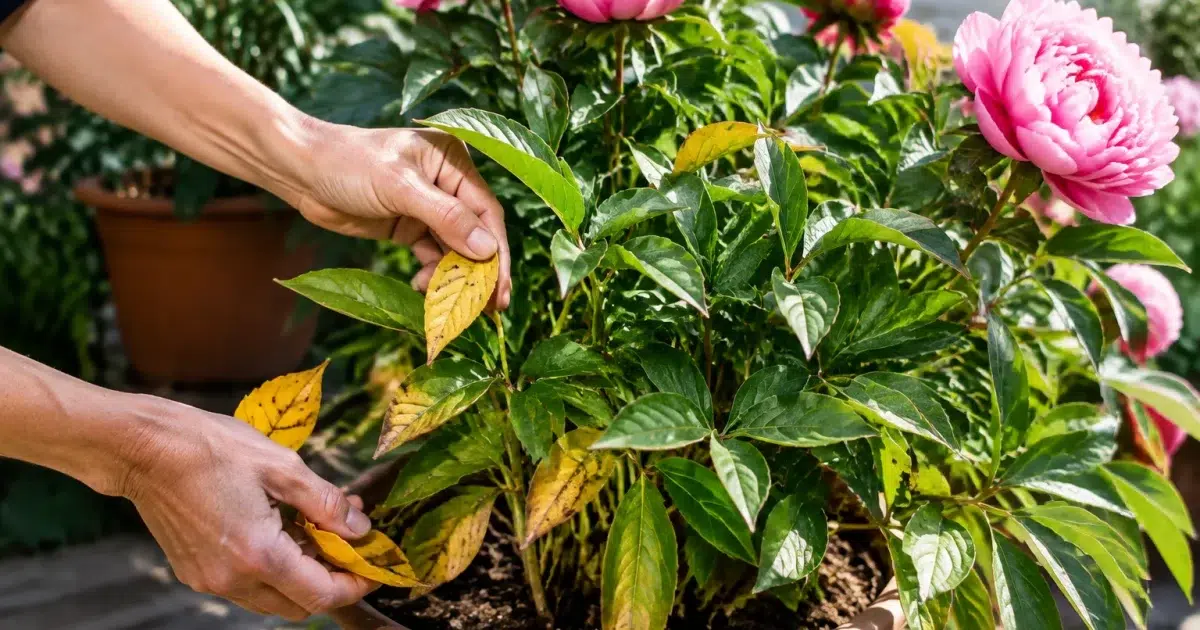 Mains retirant feuilles jaunies de pivoines en pot