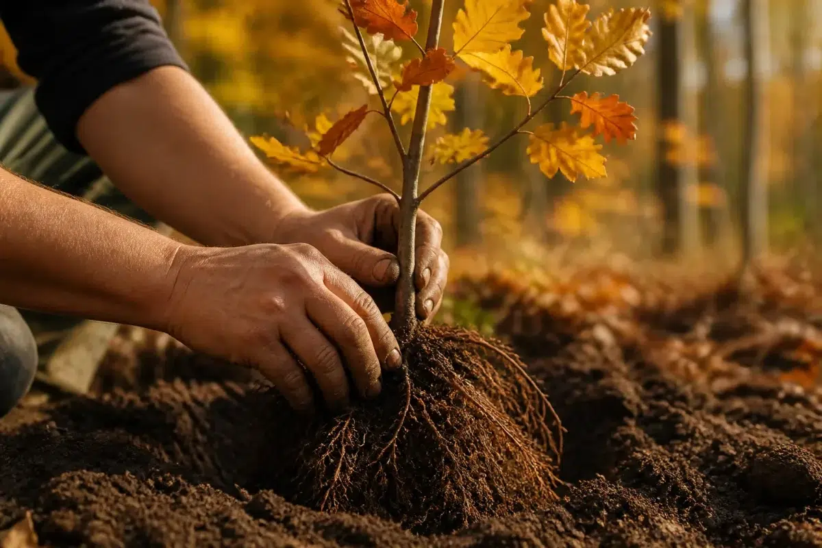 Mains plantant jeune arbre aux racines visibles automne