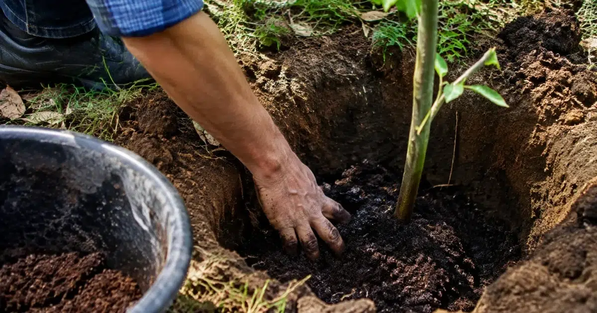 Main enfonçant couche amendement au fond trou plantation arbre