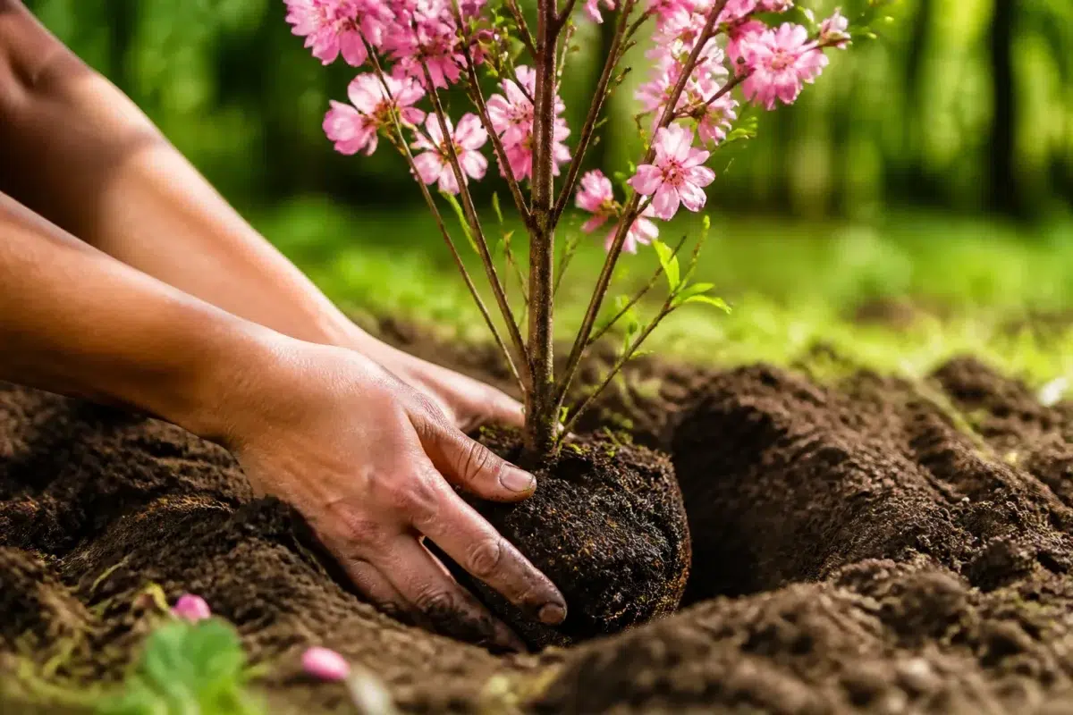 Main plantant jeune arbre aux fleurs roses