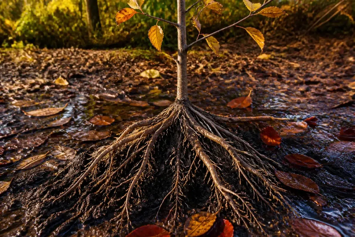 Jeune arbre aux racines exposees planted automne sol humide
